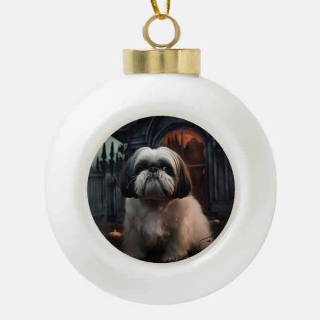 Adorno De Cerámica Tipo Bola Shih Tzu Halloween Sasuy (Anverso)