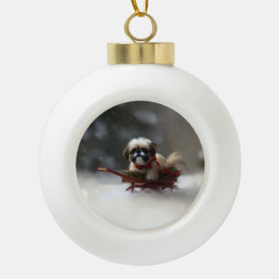 Adorno De Cerámica Tipo Bola Shih Tzu Navidad nieve invierno