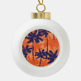 Adorno De Cerámica Tipo Bola Silueta de palmera azul, fondo naranja