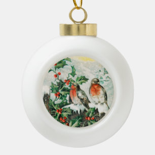 Adorno De Cerámica Tipo Bola Tarjeta de Navidad antigua con petirrojos, acebo,
