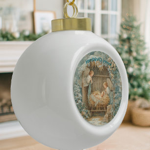 Adorno De Cerámica Tipo Bola Tarjeta de Navidad con ornamento enmarcado de bebé