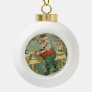 Adorno De Cerámica Tipo Bola Tarjeta de Navidad Vintage - Santa en su taller