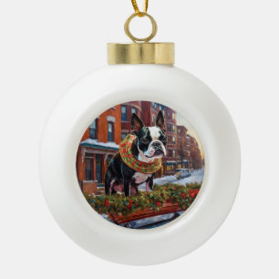 Adorno De Cerámica Tipo Bola Temporada Navideña del Boston Terrier