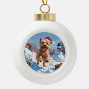 Adorno De Cerámica Tipo Bola Terrier Trigo Corriendo en la Nieve con Sombrero d