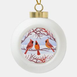 Adorno De Cerámica Tipo Bola Tres cardenales rojos en ramas nevadas