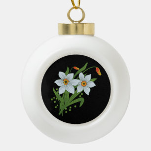 Adorno De Cerámica Tipo Bola Tulipanes y Narcisos Flores Fondo Negro