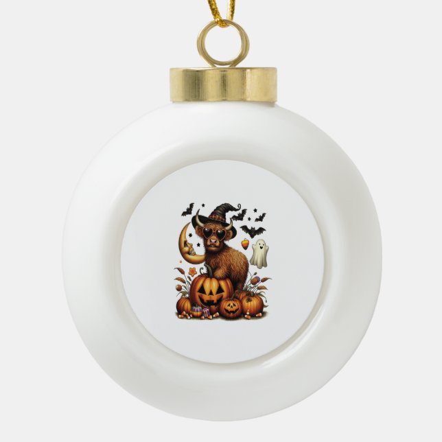 Adorno De Cerámica Tipo Bola Vaca Highland en Halloween (Anverso)