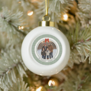 Adorno De Cerámica Tipo Bola Verde Salvia Gingham Cuadro Círculo Foto Navidad