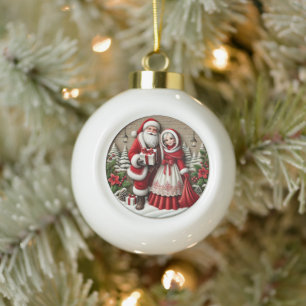Adorno De Cerámica Tipo Bola Vintage Christmas Charm Santa & Mrs Claus Holiday