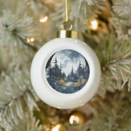 Adorno De Cerámica Tipo Bola Vista nocturna acuarela con gran luna