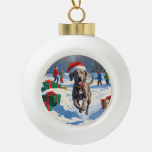 Adorno De Cerámica Tipo Bola Weimaraner corriendo en la nieve con sombrero de N