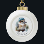 Adorno De Cerámica Tipo Bola Winter Kookaburra Deseos, personalizado<br><div class="desc">Adorna tu árbol de Navidad con un toque de brillo personalizado usando nuestro ornamento de bola de cerámica "Winter Kookaburra Wishes". Este encantador adorno redondo se caracteriza por el adorable ilustracion acuático de una kookaburra encaramada en una rama, en el que se exhiben sus festividades de beanie de rayas azules...</div>