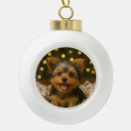 Adorno De Cerámica Tipo Bola Yorkie Navidad