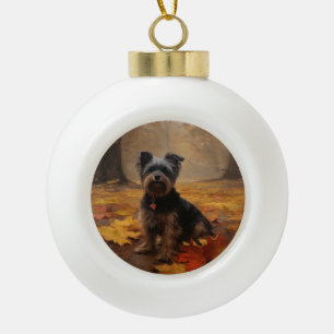 Adorno De Cerámica Tipo Bola Yorkipoo en hojas de otoño caídas inspiran