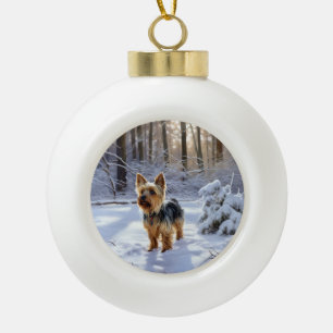 Adorno De Cerámica Tipo Bola Yorkshire Terrier Deja que nieve Navidad