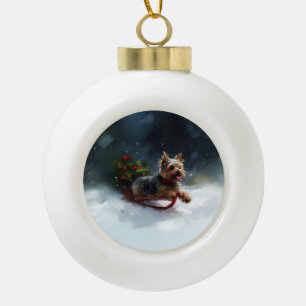 Adorno De Cerámica Tipo Bola Yorkshire Terrier Navidad nieve invierno