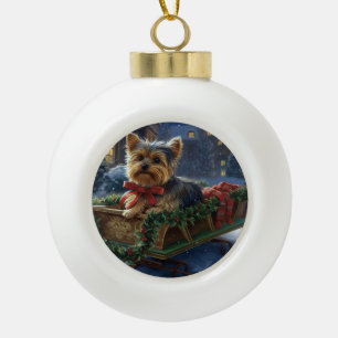 Adorno De Cerámica Tipo Bola Yorkshire Terrier Temporada Navideña Festiva