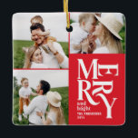 Adorno De Cerámica tipografía multicapa de color rojo<br><div class="desc">Tipografía gráfica vintage colorida alegre navidad navidad multifoto diseño de adorno de vacaciones. Parte de una atrevida colección de vacaciones.</div>