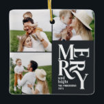 Adorno De Cerámica tipografía multicapa moderna de color negro<br><div class="desc">Colorida tipografía gráfica vintage negra alegre navidad navidad multifoto diseño adorno de vacaciones. Parte de una atrevida colección de vacaciones.</div>