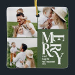 Adorno De Cerámica tipografía verde multicapa moderna y colorida<br><div class="desc">Colorida tipografía de color vintage verde alegre navidad multifoto diseño de adorno de vacaciones. Parte de una atrevida colección de vacaciones.</div>