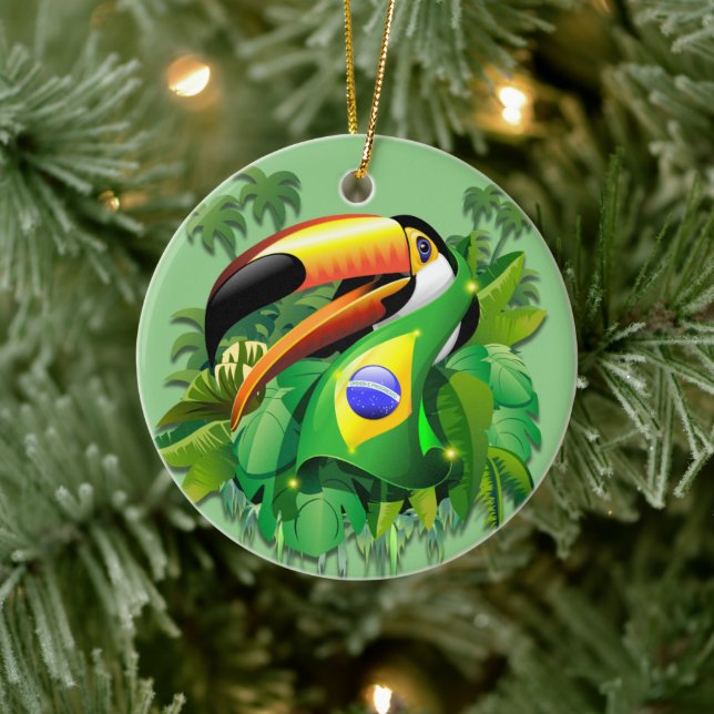 Adorno De Cerámica Toco Toucan con la bandera de Brasil (Árbol)