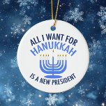 Adorno De Cerámica Todo lo que quiero es un nuevo presidente<br><div class="desc">Todo lo que quiero para Hanukkah es un nuevo presidente. Un nuevo presidente sería un gran regalo para esta persona judía. Un buen regalo contra Trump para un judío que quiere destituir a Donald Trump. Resista con este diseño de la menorah azul.</div>