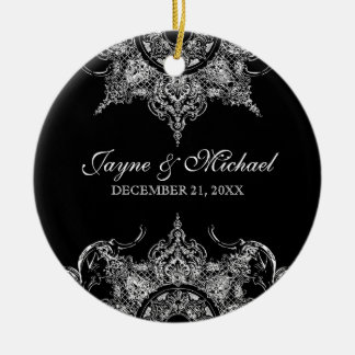 Adorno De Cerámica Toile Black n White Damask Swirl Primera Navidad