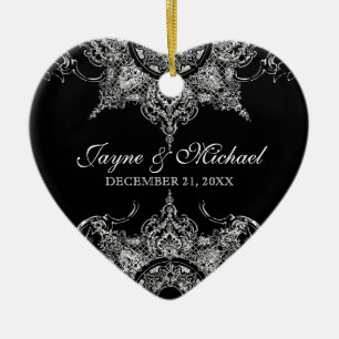 Adorno De Cerámica Toile Black n White Damask Swirl Primera Navidad