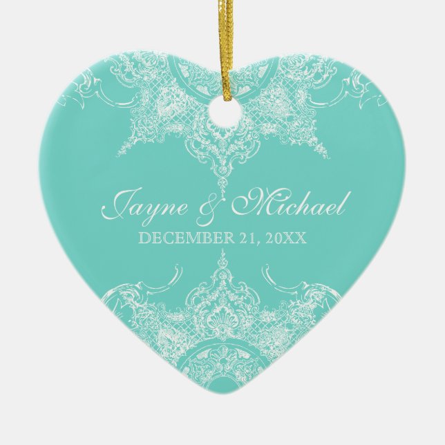 Adorno De Cerámica Toile Damask Swirl First Christmas Aqua Blue (Frente)