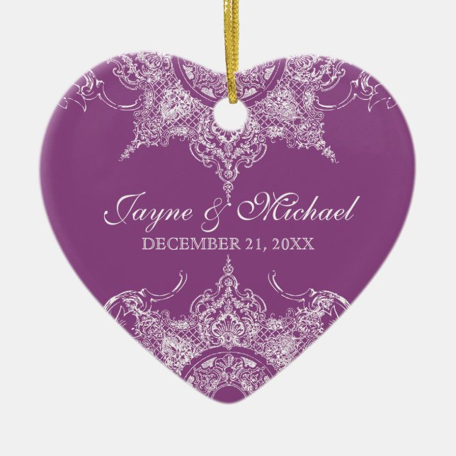 Adorno De Cerámica Toile Damask Swirl First Christmas Plum (Frente)