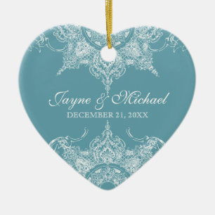 Adorno De Cerámica Toile Damask Swirl First Christmas Slate Blue