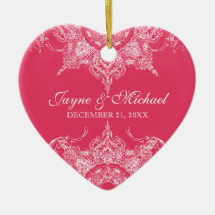 Adorno De Cerámica Toile Damask Swirl Primera Navidad Hot Pink