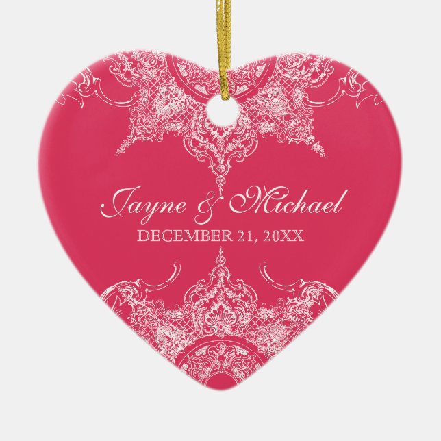 Adorno De Cerámica Toile Damask Swirl Primera Navidad Hot Pink (Frente)