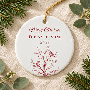 Adorno De Cerámica Toile Navideño Rojo Vintage Árbol Pájaros Invierno