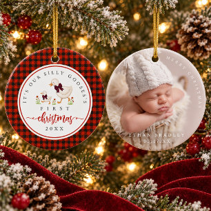 Adorno De Cerámica Tonto Ganso Cuadro Rojo Foto Bebé Primera Navidad