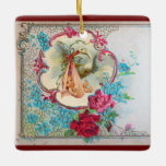 Adorno De Cerámica TORMENTA DE LA DUCHA DE NIÑAS DE BEBÉ 2 Ametismo r<br><div class="desc">Elegante, colorido, vibrante diseño floral de estilo vintage con un bebé y cigüeña voladora entre las hermosas rosas romanas, rosas rojas, flores de primavera azul verde azuladas y una brillante piedra de piedra en 3D de Bulgan Lumini (c). Fácil de personalizar con tu propio texto e información para duchas de...</div>