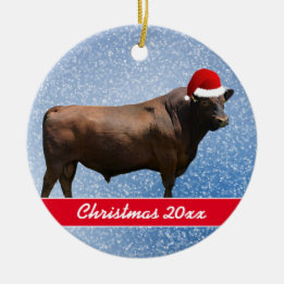 Adorno De Cerámica Toro de Angus Rojo y Sombrero Santa
