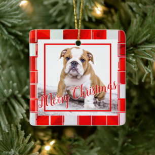 Adorno De Cerámica Toro de Navidad Alegre Foto de Bulldog a Cuadros R