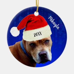 Adorno De Cerámica Toro Red Pit con Navidades de Santa Hat 