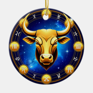 Adorno De Cerámica Toro Tauro Dorado en Círculo Zodiacal Cósmico