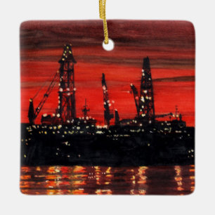 Adorno De Cerámica Torres Petroleras en la Noche