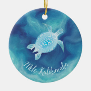 Adorno De Cerámica Tortuga azul   Mele Kalikimaka Navidades hawaianos
