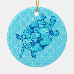 Adorno De Cerámica Tortuga giratoria fractal - cobalto y azul turques