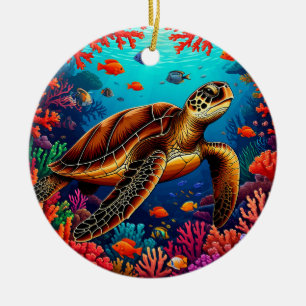 Adorno De Cerámica Tortuga marina y arrecife de coral vibrante