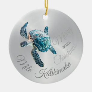 Adorno De Cerámica Tortuga plateada   Mele Kalikimaka  