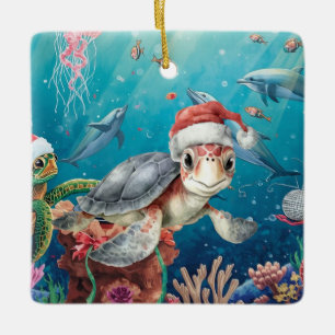 Adorno De Cerámica Tortuga Santa Sombrero Bajo el Mar Fiesta de Navid