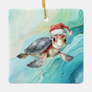 Adorno De Cerámica Tortuga Santa Sombrero Bajo el Mar Fiesta de Navid