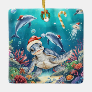 Adorno De Cerámica Tortuga Santa Sombrero Bajo el Mar Fiesta de Navid