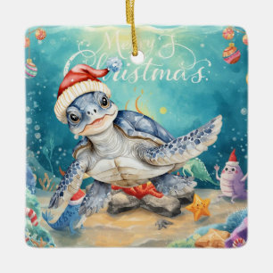 Adorno De Cerámica Tortuga Santa Sombrero Bajo el Mar Fiesta de Navid