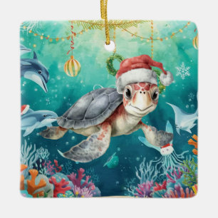 Adorno De Cerámica Tortuga Santa Sombrero Bajo el Mar Fiesta de Navid